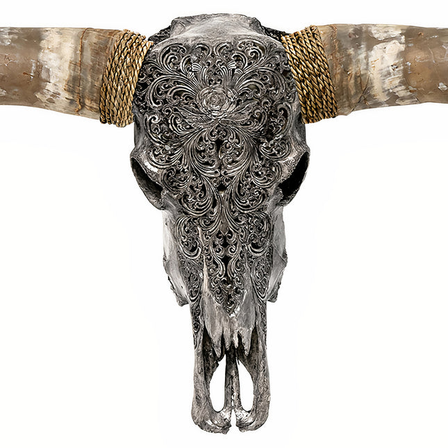 Hand Carved Longhorn Skull - Gray Predator
