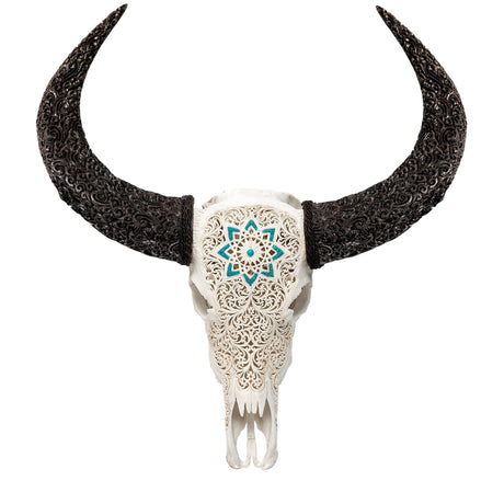 Hand Carved Buffalo Skull - White Glowing Mandala
