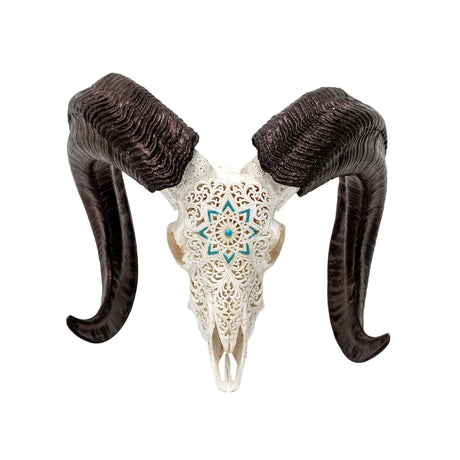 Hand Carved Ram Skull - White Glowing Mandala