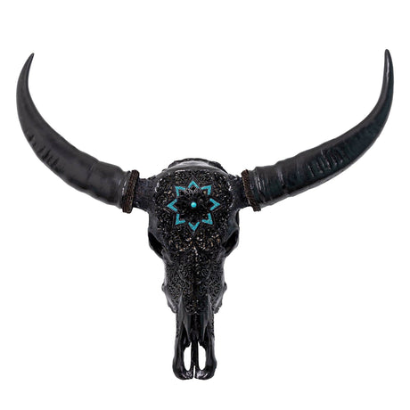 Hand Carved Buffalo Skull - Black Glowing Mandala