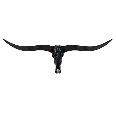 Hand Carved Longhorn Skull // Black XL Horns - Black Glowing Mandala