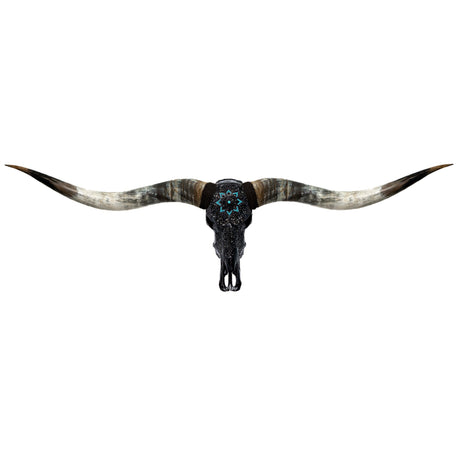 Hand Carved Longhorn Skull // XL Horns - Black Glowing Mandala