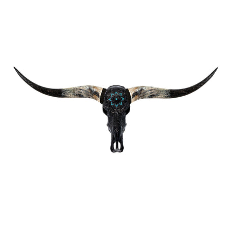 Hand Carved Longhorn Skull - Black Glowing Mandala