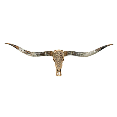 Hand Carved Longhorn Skull // XL Horns - Golden Mandala