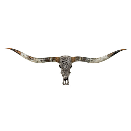 Hand Carved Longhorn Skull // XL Horns - Gray Mandala