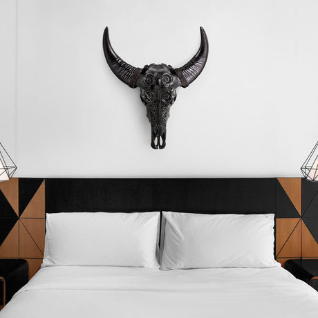 Hand Carved Buffalo Skull - Black Cross