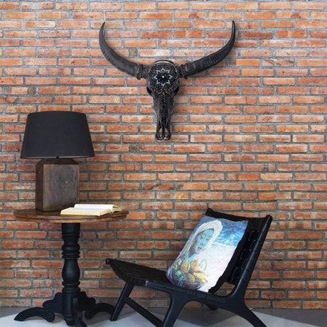 Hand Carved Buffalo Skull - Black Glowing Mandala