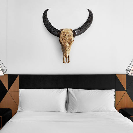 Hand Carved Buffalo Skull - Golden Heart