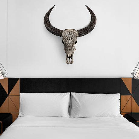 Hand Carved Buffalo Skull - Gray Mandala