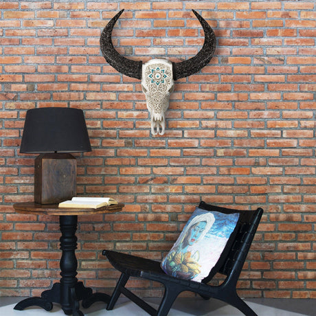 Hand Carved Buffalo Skull - White Glowing Mandala