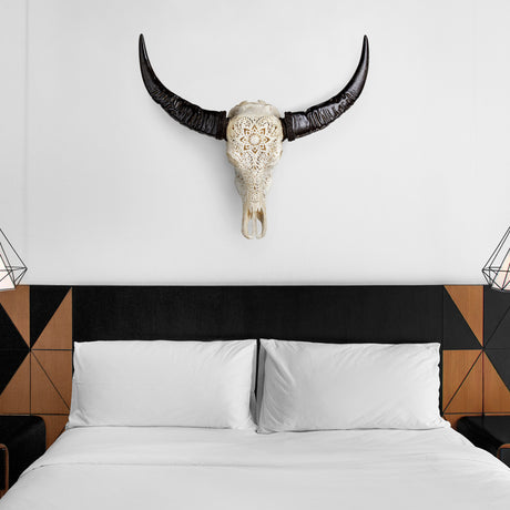 Hand Carved Buffalo Skull - White Mandala