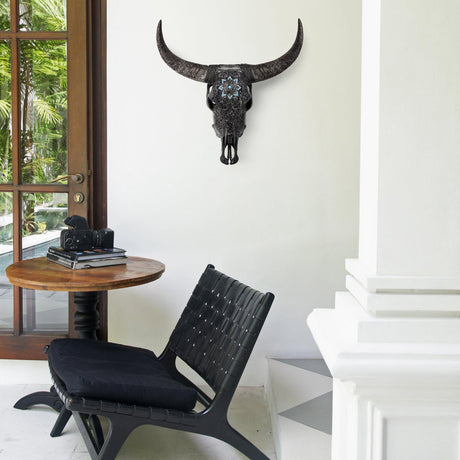 Hand Carved Cow Skull - Black Glowing Mandala