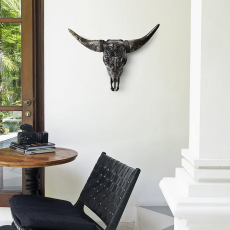 Hand Carved Cow Skull - Black Sun