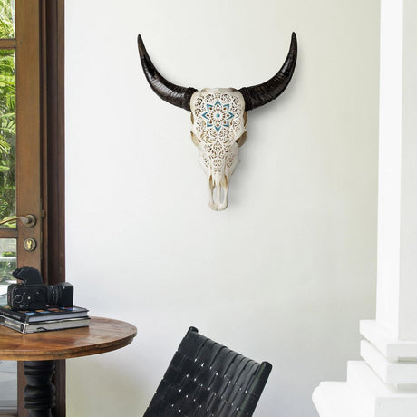 Hand Carved Cow Skull - White Glowing Mandala