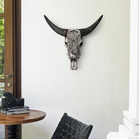 Hand Carved Cow Skull - Gray Flower