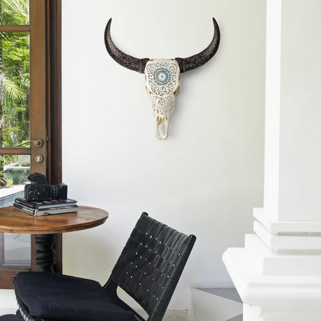 Hand Carved Cow Skull - Turquoise Orbit
