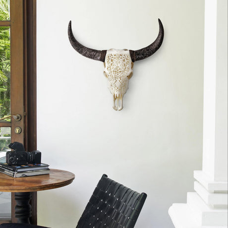 Hand Carved Cow Skull - White Flower