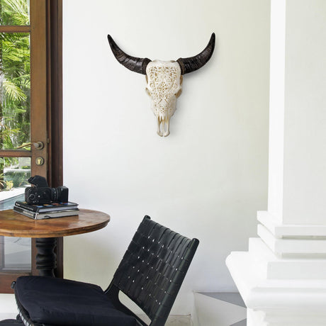 Hand Carved Cow Skull - White Flower