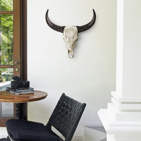 Hand Carved Cow Skull - White Lotus