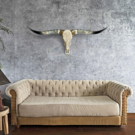 Hand Carved Longhorn Skull - White Heart