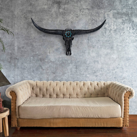Hand Carved Longhorn Skull // Black Longhorns - Black Glowing Mandala