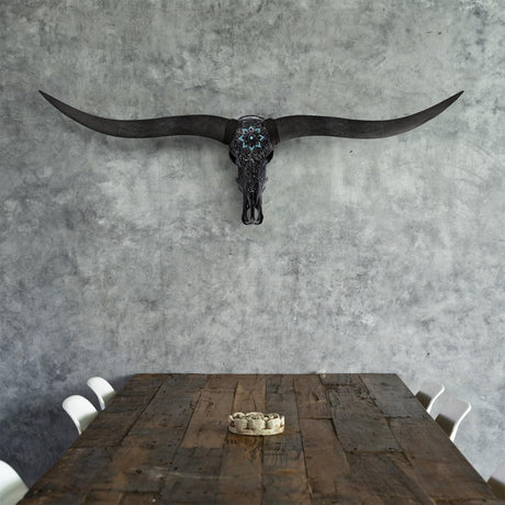 Hand Carved Longhorn Skull // Black XL Horns - Black Glowing Mandala