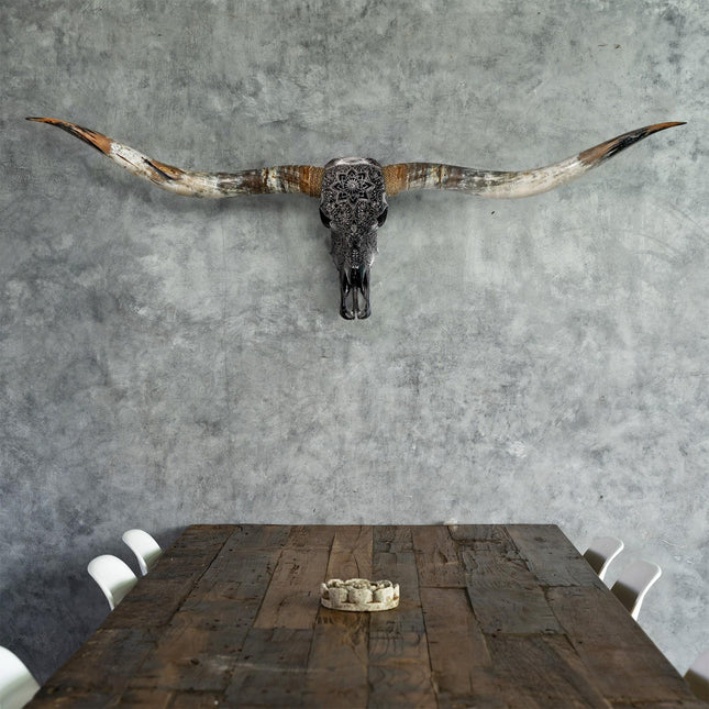 Hand Carved Longhorn Skull // XL Horns - Black Mandala