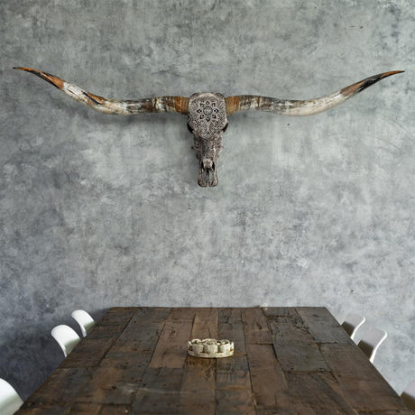 Hand Carved Longhorn Skull // XL Horns - Gray Mandala