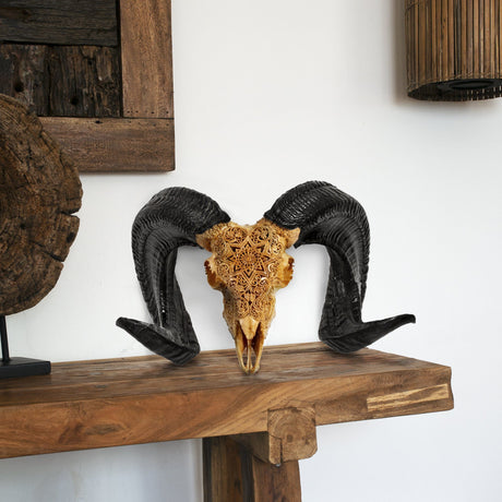 Hand Carved Ram Skull - Antique Mandala