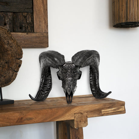 Hand Carved Ram Skull - Black Celtic