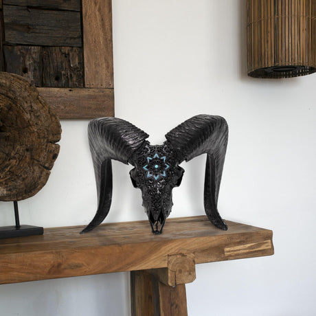 Hand Carved Ram Skull - Black Glowing Mandala