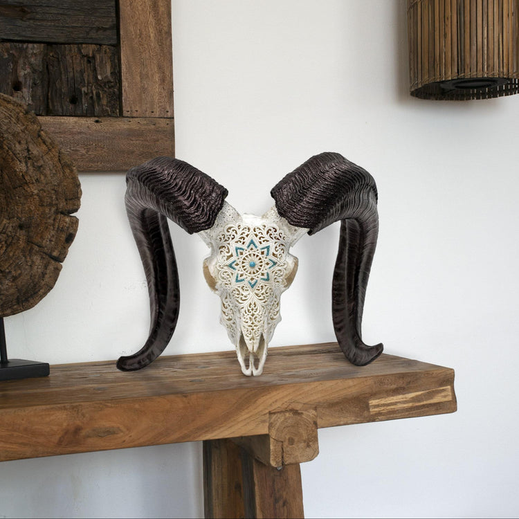 Hand Carved Ram Skull - White Glowing Mandala – Skull Bliss