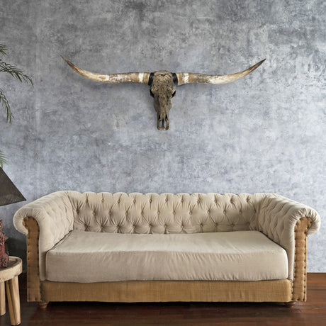 Hand Carved Longhorn Skull - Antique Bronze Feathers // Metallic Finish