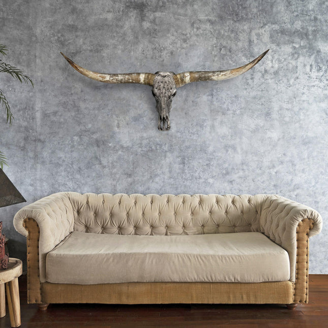 Hand Carved Longhorn Skull - Gray Feathers