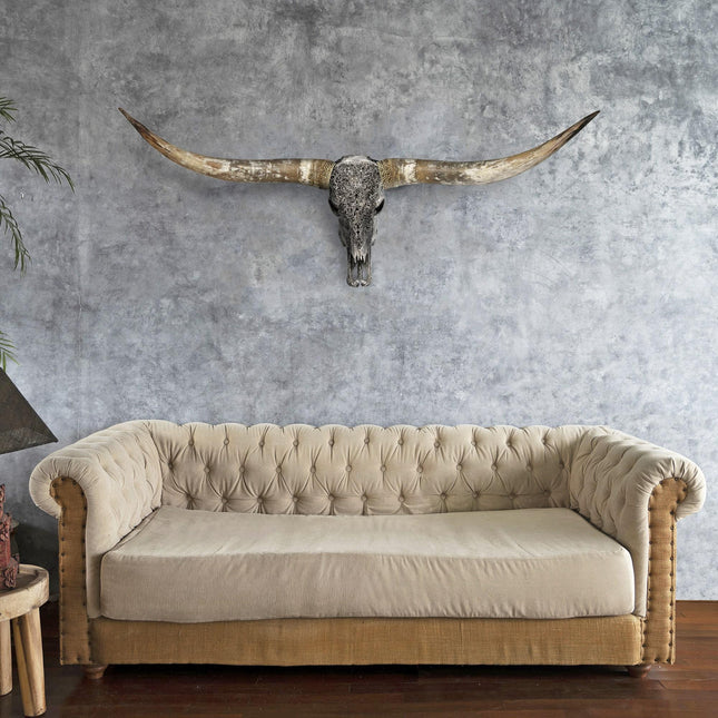 Hand Carved Longhorn Skull - Gray Predator