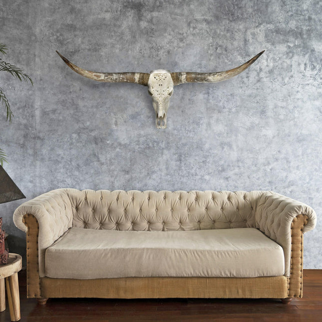 Hand Carved Longhorn Skull - White From Hell