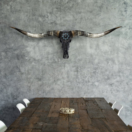 Hand Carved Longhorn Skull // XL Horns - Black Glowing Mandala