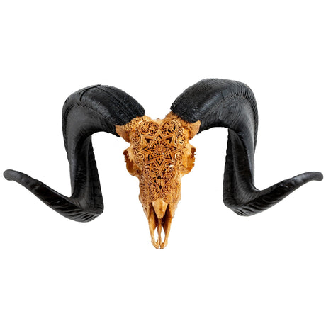 Hand Carved Ram Skull - Antique Mandala