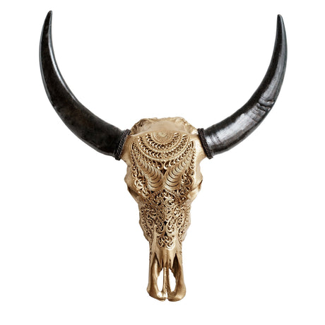 Hand Carved Buffalo Skull - Golden Boho