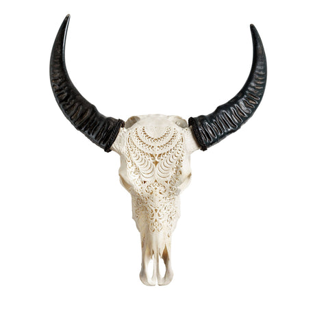 Hand Carved Buffalo Skull - White Boho