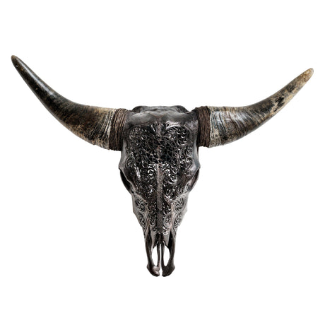 Hand Carved Cow Skull - Black Sun
