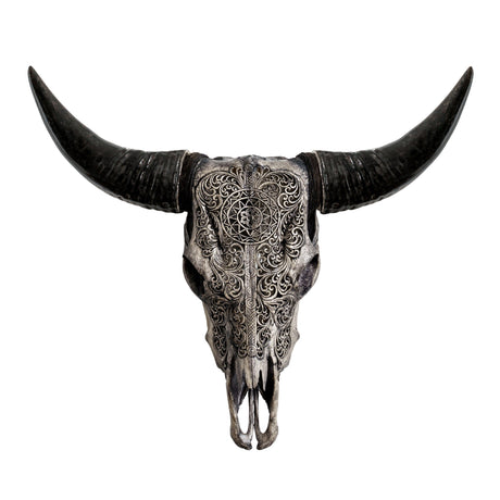 Hand Carved Cow Skull - Gray Sun