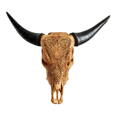 Hand Carved Cow Skull - Antique Lotus