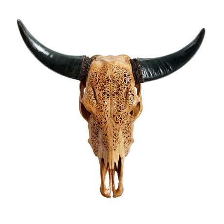 Hand Carved Cow Skull - Antique Sun
