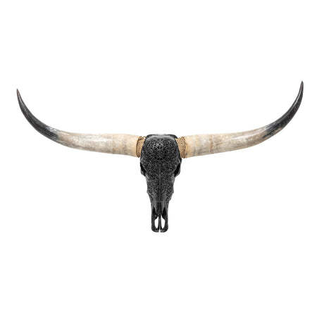 Hand Carved Longhorn Skull - Black Sun