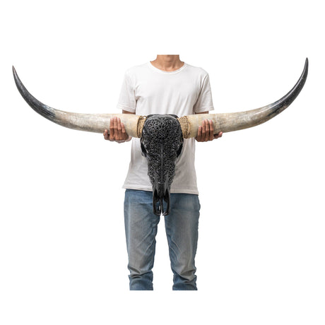 Hand Carved Longhorn Skull - Black Sun