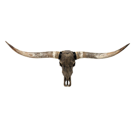 Hand Carved Longhorn Skull - Antique Bronze Feathers // Metallic Finish