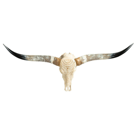 Hand Carved Longhorn Skull - White Boho