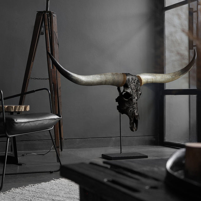 Hand Carved Longhorn Skull - Black Moth