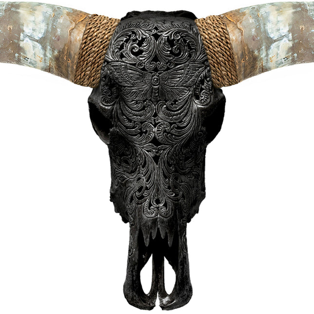 Hand Carved Longhorn Skull - Black Moth
